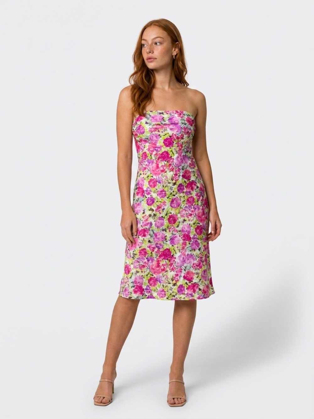 For Love And Lemons Floral Strapless Midi Dress in Pink and Green